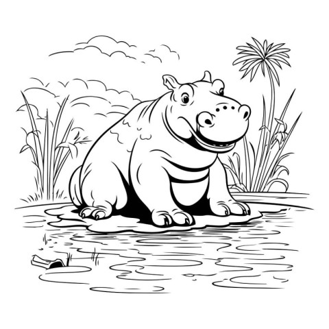 Hippopotamus in the pond. Black and white vector illustration.