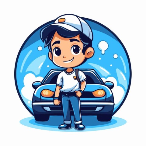 Cute boy with car. Vector illustration of a cartoon character.