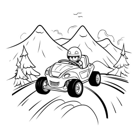 Illustration of a man driving a quad bike in the mountains.