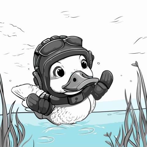 Vector illustration of a cute duck swimming in the river. Cartoo