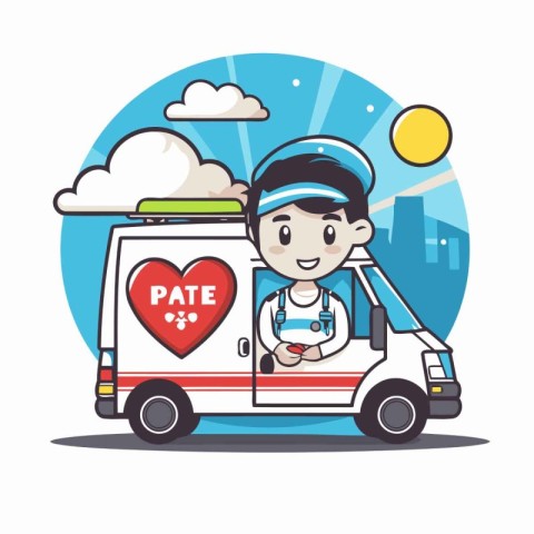 Cute delivery man in uniform with van and heart vector illustrat