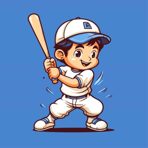 Cute little boy in baseball cap and uniform with bat. Vector ill