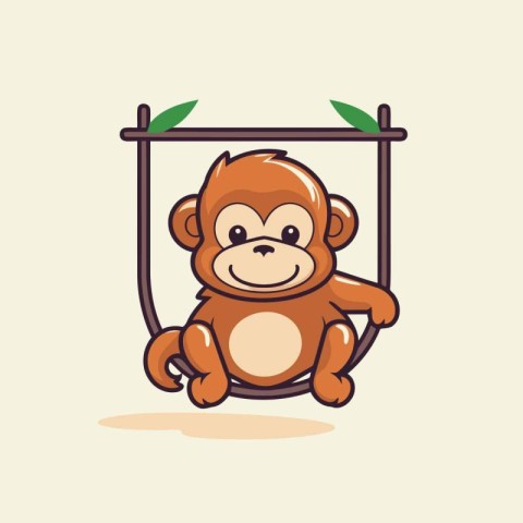 Cute monkey on swing. Vector illustration in flat cartoon style.