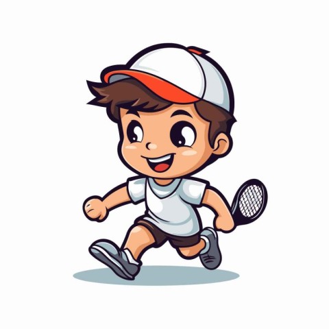 Cartoon boy playing tennis isolated on white background. Vector