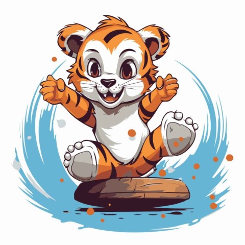 Cute tiger cartoon sitting on the rock. Vector illustration isol