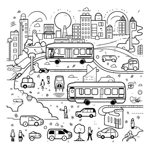 Line art city with bus. bus. car. people. traffic. Vector illust