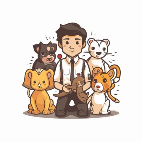 Cute cartoon vector illustration of a man holding a group of dog