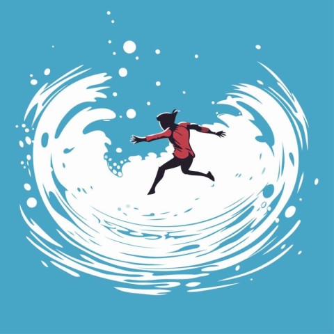 Surfer jumping on a wave with splashes of water. Vector illustra