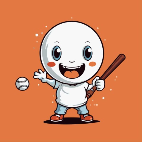 Cute cartoon baseball player with baseball bat and ball. Vector