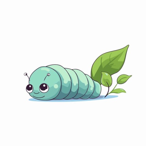 Cute cartoon caterpillar with green leaf. Vector illustration is