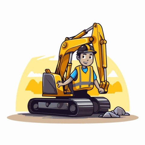 Cartoon construction worker with excavator. Vector illustration