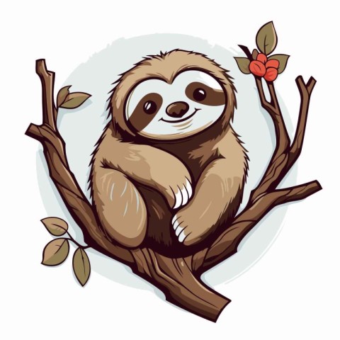 Cute cartoon sloth sitting on a tree branch. Vector illustration