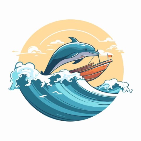 Vector illustration of a dolphin jumping in the sea with a boat