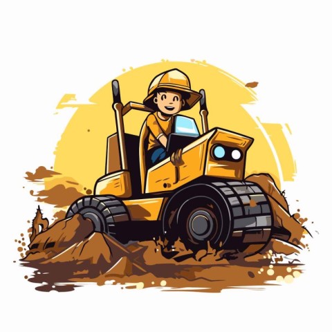 Bulldozer in the field. Vector illustration of a cartoon charact