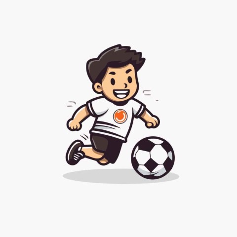 Cartoon soccer player running and kicking the ball. Vector illus