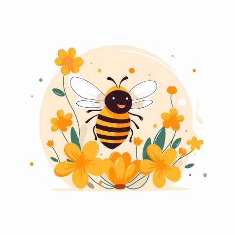 Cute cartoon bee with flowers. Vector illustration on white back