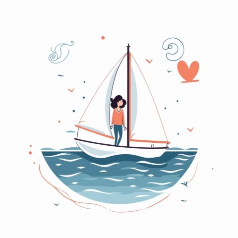 Vector illustration of a girl on a sailboat in the ocean.