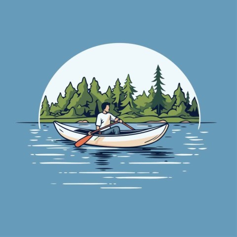 Man in a canoe on the lake. Vector illustration in flat style