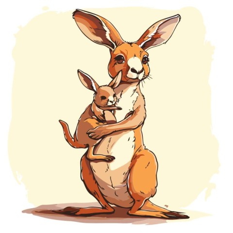 Cute cartoon kangaroo with her baby. Vector illustration.