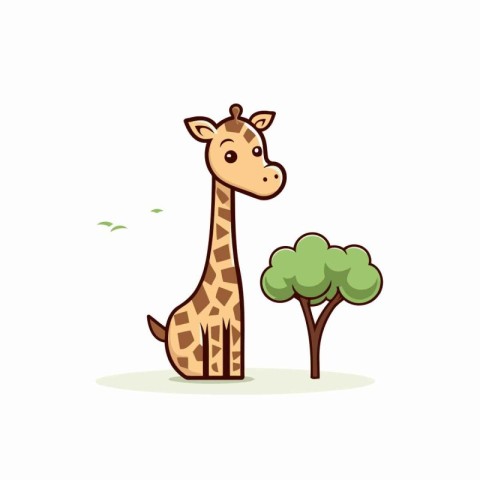 Giraffe and tree. Cute cartoon animal. Vector illustration