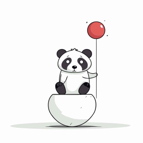 Cute panda holding a red balloon in his hand. Vector illustratio