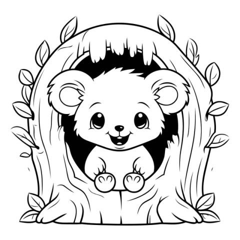 Cute cartoon bear in a tree. Vector illustration for coloring bo