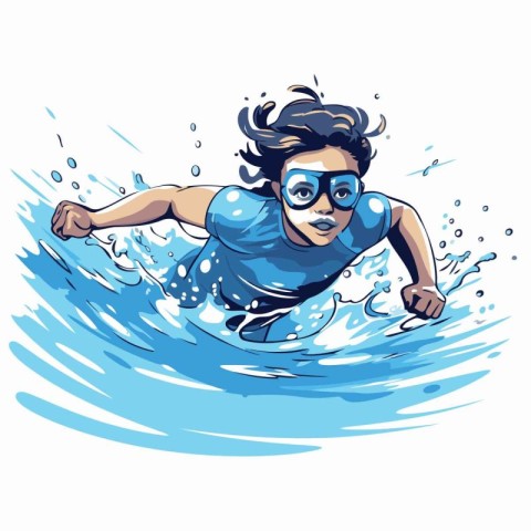 Swimmer in a blue swimming suit and glasses. Vector illustration