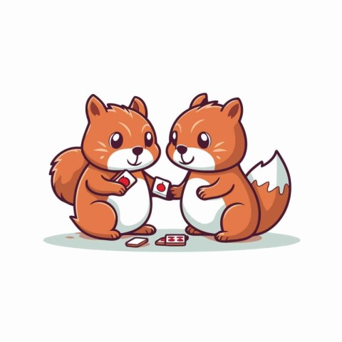 Cute squirrels playing cards. Vector illustration in cartoon sty