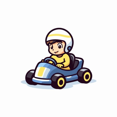 Cartoon boy driving a race car. Vector illustration on white bac