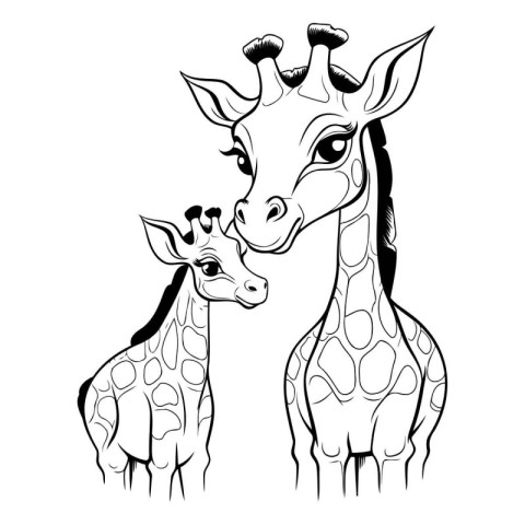 Giraffe with baby. Black and white vector illustration for color