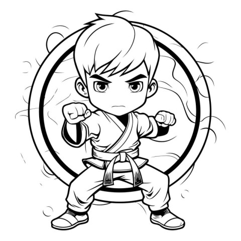 Karate Boy - Black and White Cartoon Illustration. Vector Charac