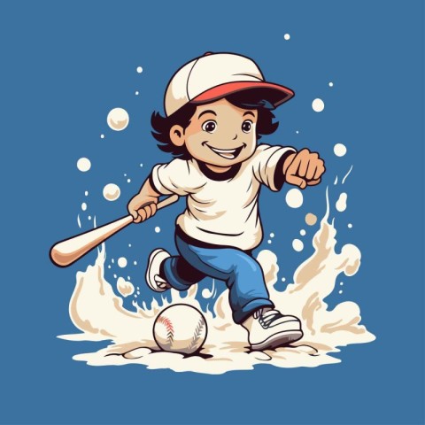 Cartoon boy playing baseball. Vector illustration of a kid playi