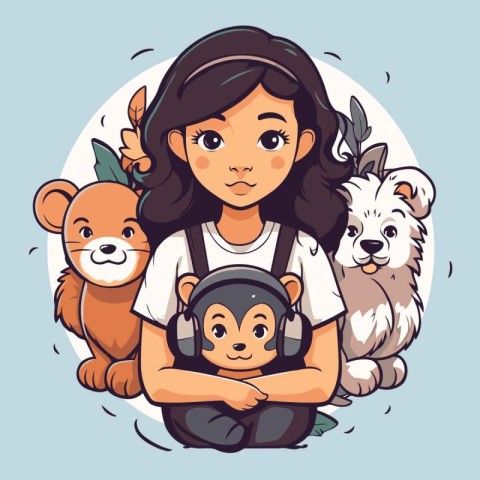 Cute cartoon girl with dog. cat and bear. Vector illustration.