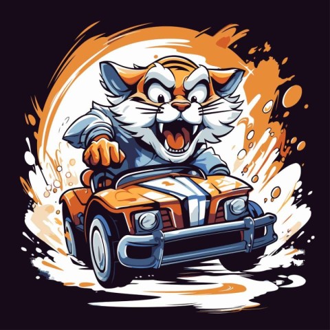 Vector illustration of a tiger driving an orange car on a grunge