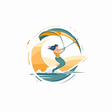 Kitesurfing vector logo template. Surfer girl on the surfboard.