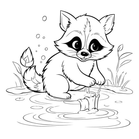 Cute cartoon raccoon sitting in the water. Vector illustration.