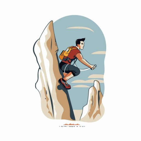 Young man climbing on the cliff. Vector illustration in cartoon