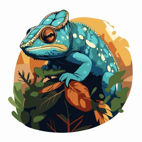 Chameleon on the background of the jungle. Vector illustration.