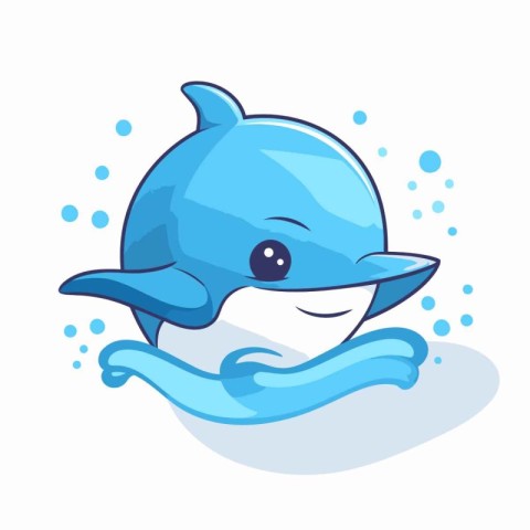 Cute cartoon dolphin character swimming in sea water. Vector ill