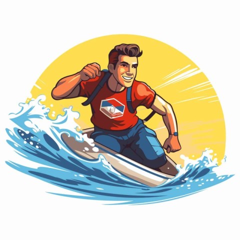 Vector illustration of a young man on a surfboard riding a wave