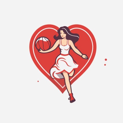 Vector illustration of a woman playing basketball with a heart i