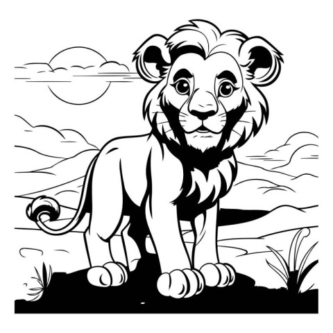 Lion - Black and White Cartoon Illustration for Coloring Book