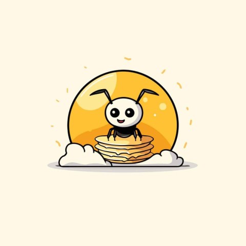 Cute little bee on a pancake. Vector cartoon illustration.