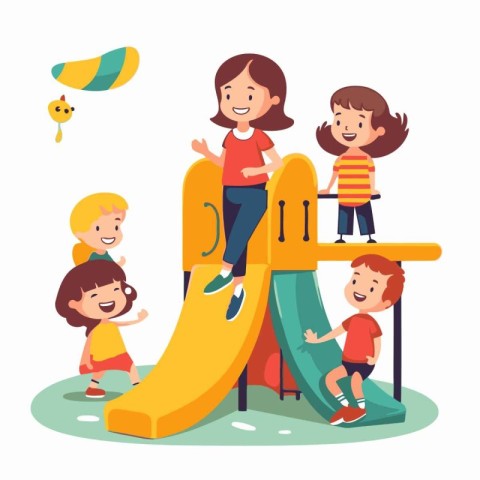 Happy children playing on the playground. Vector illustration in