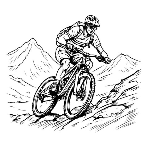 Mountain biker in the mountains. Vector black and white illustra