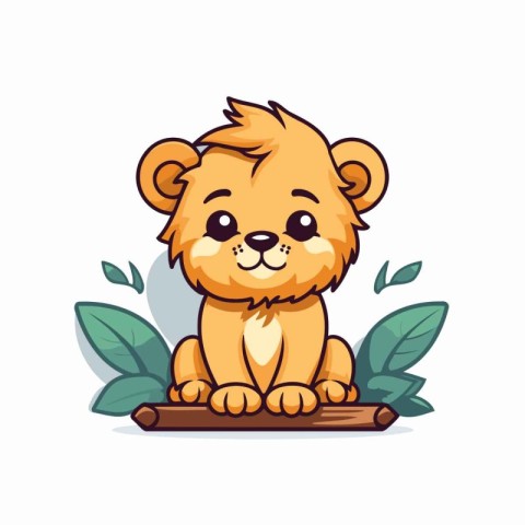 Cute cartoon lion sitting on a wooden platform. Vector illustrat