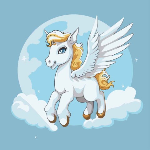 Cute cartoon unicorn with wings on the cloud. Vector illustratio