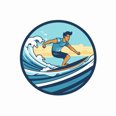 Vector illustration of a surfer riding on a wave viewed from the