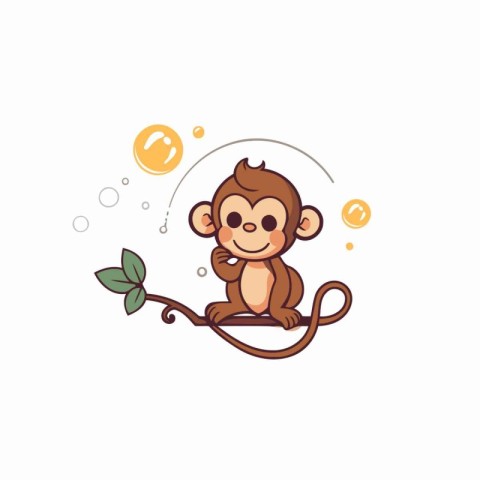 Cute cartoon monkey sitting on a branch with leaves. Vector illu