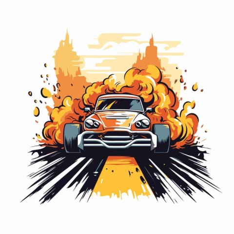 Vector illustration of a burning car on the road. Design element